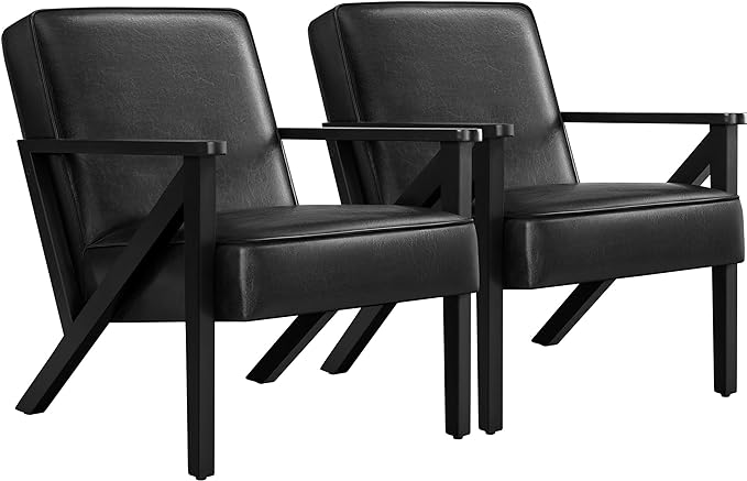 Yaheetech Accent Chair, Armchair with Strong Wood Frame, PU Leather Modern Retro Lounge Chair for Living Room/Lounge/Office/Reception Area, Black, 2 Pieces - LeafyLoom