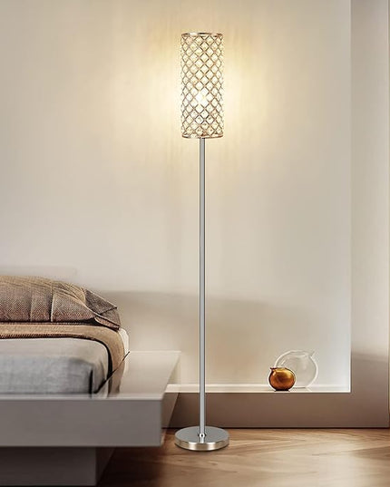 Crystal Floor Lamp with Bulb for Girls Bedroom Silver, Living Room, Modern Tall Glam Minimalism Pole Corner Standing Light for office, Dorm Hotel - LeafyLoom
