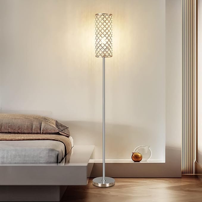 Crystal Floor Lamp with Bulb for Girls Bedroom Silver, Living Room, Modern Tall Glam Minimalism Pole Corner Standing Light for office, Dorm Hotel - LeafyLoom