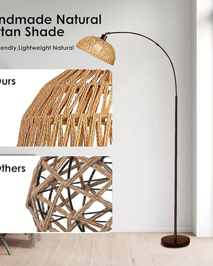 Arc Floor Lamp for Living Room,Bronze Standing Rattan Floor Lamp with Remote Control Dimmable,71" Tall Boho Farmhouse Adjustable Over Couch Lamp for Bedroom Office - LeafyLoom