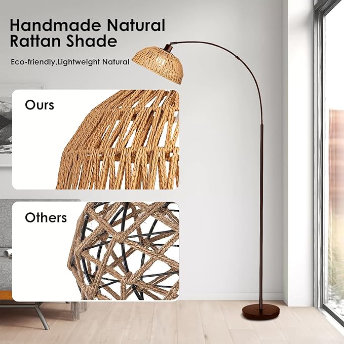Arc Floor Lamp for Living Room,Bronze Standing Rattan Floor Lamp with Remote Control Dimmable,71" Tall Boho Farmhouse Adjustable Over Couch Lamp for Bedroom Office - LeafyLoom