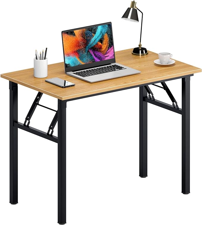 Need Folding Desk for Home Office 39-3/8'' Length Modern Folding Table Computer Desk No Install Needed Teak Color Desktop Black Frame, AC5BB(10060) - LeafyLoom