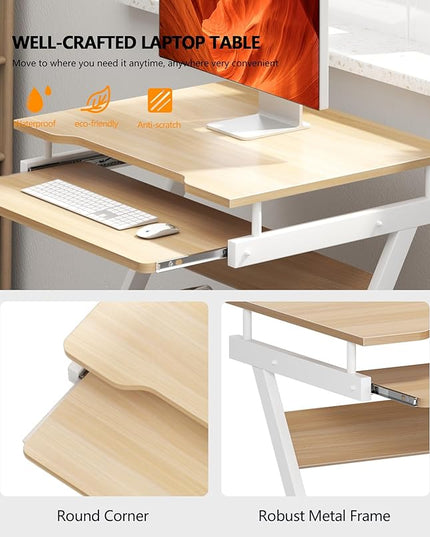 sogesfurniture Mobile Computer Desk Small Rolling Office Table Workstation with Printer Shelf and Keyboard Tray, Space-Saving Computer Desk with Storage Shelf for Home and Office (Maple) - LeafyLoom