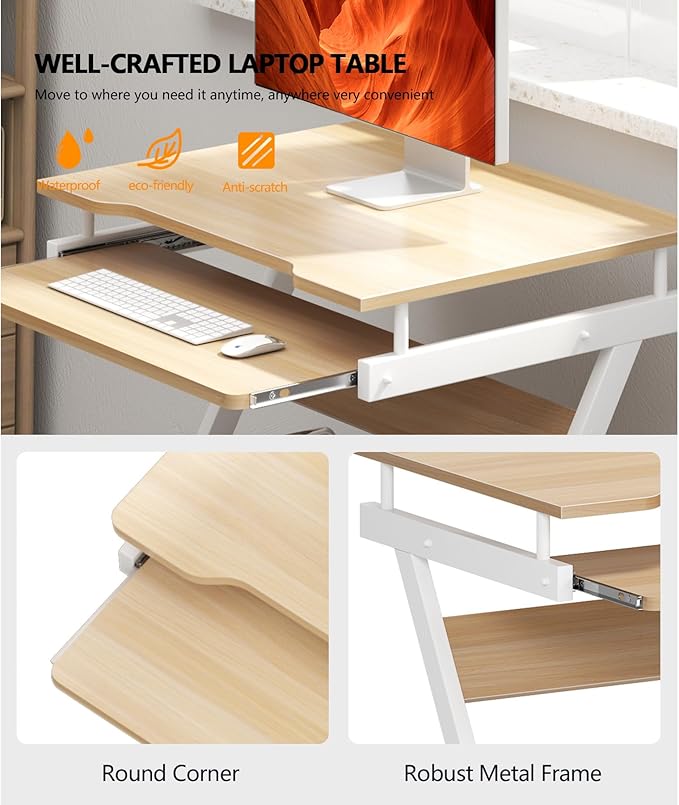 sogesfurniture Mobile Computer Desk Small Rolling Office Table Workstation with Printer Shelf and Keyboard Tray, Space-Saving Computer Desk with Storage Shelf for Home and Office (Maple) - LeafyLoom