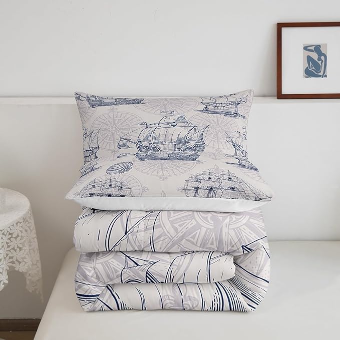 Nautical Comforter Set Sailboat Down Comforter Queen,Blue White Vintage Style Quilted Duvet Set Luxury Anchor Crab Pattern Bedding Insert Set for Kids, Adult Teen Boys Girls Bedroom Ocean Beach Decor - LeafyLoom