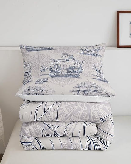 Nautical Comforter Set Sailboat Down Comforter Full,Blue White Vintage Style Quilted Duvet Set Luxury Anchor Crab Pattern Bedding Insert Set for Kids, Adult Teen Boys Girls Bedroom Ocean Beach Decor - LeafyLoom
