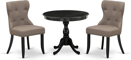 East West Furniture AMSI3-ABK-48 Antique 3 Piece Modern Set Contains a Round Kitchen Table with Pedestal and 2 Coffee Linen Fabric Parsons Dining Chairs, 36x36 Inch - LeafyLoom