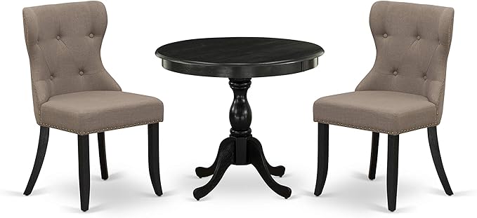 East West Furniture AMSI3-ABK-48 Antique 3 Piece Modern Set Contains a Round Kitchen Table with Pedestal and 2 Coffee Linen Fabric Parsons Dining Chairs, 36x36 Inch - LeafyLoom