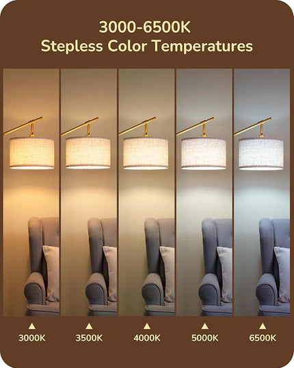 EDISHINE Modern Dimmable Floor Lamp, 63.8" Standing Lamp with Remote Control, E26 Socket, Acr Floor Lamp with Beige Shade for Bedroom, Living Room, Office, LED Bulb Included (Gold) - LeafyLoom