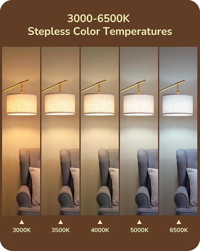 EDISHINE Modern Dimmable Floor Lamp, 63.8" Standing Lamp with Remote Control, E26 Socket, Acr Floor Lamp with Beige Shade for Bedroom, Living Room, Office, LED Bulb Included (Gold) - LeafyLoom