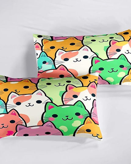 Cat Bedding Set - Full Size Comforter, 2 Pillowcases for Girls, Soft Breathable Polyester, Machine Washable, Cat Themed Bedding for Kids Room Decor, Birthday & Holiday Gift - LeafyLoom