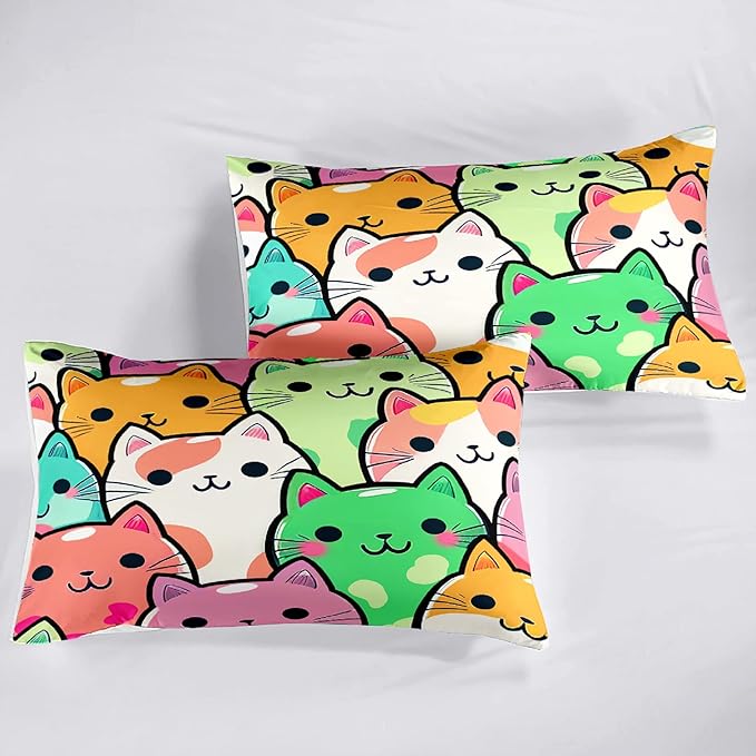 Cat Bedding Set - Full Size Comforter, 2 Pillowcases for Girls, Soft Breathable Polyester, Machine Washable, Cat Themed Bedding for Kids Room Decor, Birthday & Holiday Gift - LeafyLoom