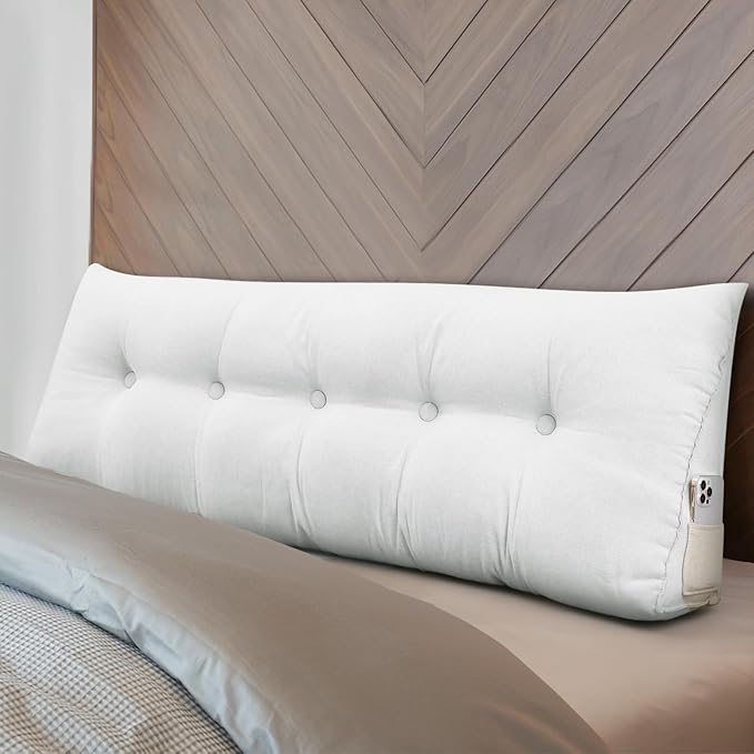 Headboard Wedge Pillow Triangular Bed Rest Reading Backrest Body Bolster Cushion Back Support Long Bolster Pillow for Bed Gifts with Removable Cover(White, Queen (59 x 20 x 8 Inch)) - LeafyLoom