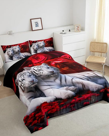 Tiger Comforter Set Full, Red Rose Down Comforter Kids Girls Women,Red Image of Large Cat Playing with Water Cool Nature Animal Quilted Duvet Insert Gorgeous Floral Flower Bedding Comforters,Brown - LeafyLoom