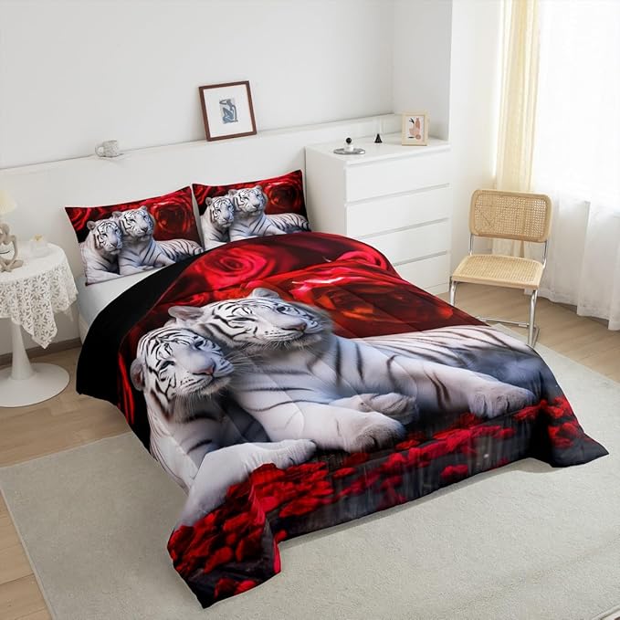 Tiger Comforter Set Full, Red Rose Down Comforter Kids Girls Women,Red Image of Large Cat Playing with Water Cool Nature Animal Quilted Duvet Insert Gorgeous Floral Flower Bedding Comforters,Brown - LeafyLoom