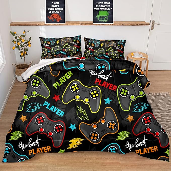 Gaming Comforter for Boys Teen,Game Contoller Bedding Set for Boys Kids,Down Alternative Comforter for All Season,Gamer Home Decor for Boys Comforter Set (Comforter-Game25, Full) - LeafyLoom