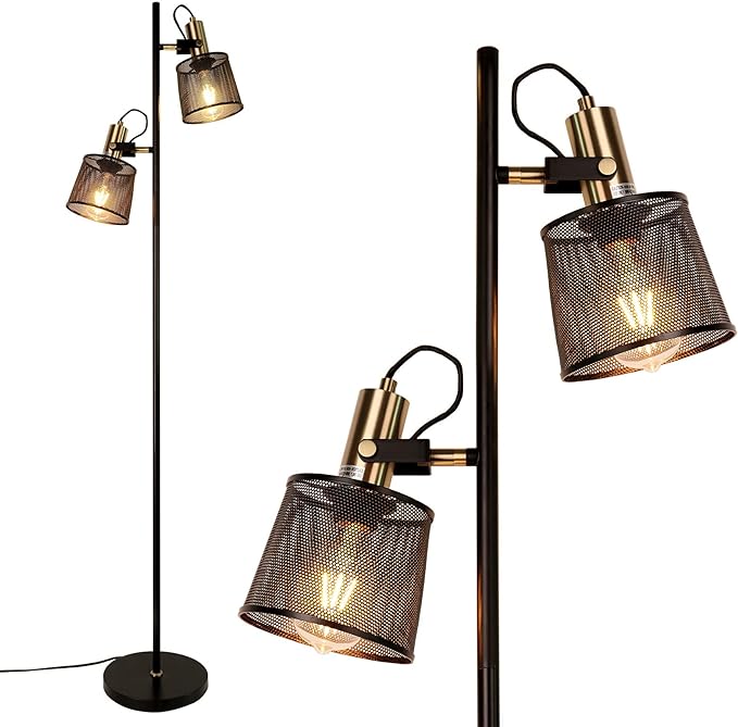 Newrays 2-Way Industrial Retro Iron Metal Mesh Floor Lamps with Adjustable Switch Plug-in for Living Room Bedroom Office - LeafyLoom