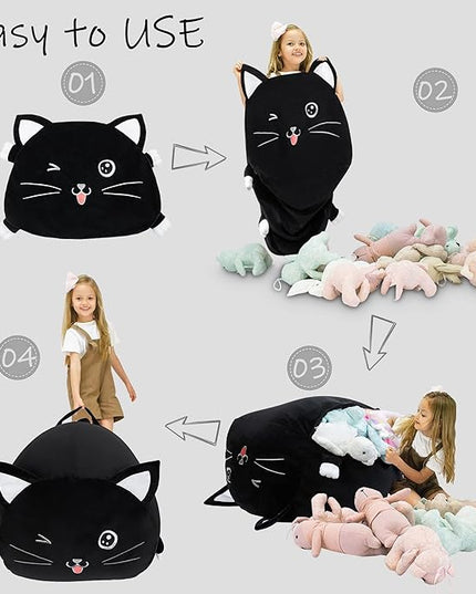 Black Cute Cat Toy Organizers Stuffed Animal Storage Bean Bag Chair for Boys and Girls, Home Game & Recreation Room Kids Furniture Beanbags - LeafyLoom