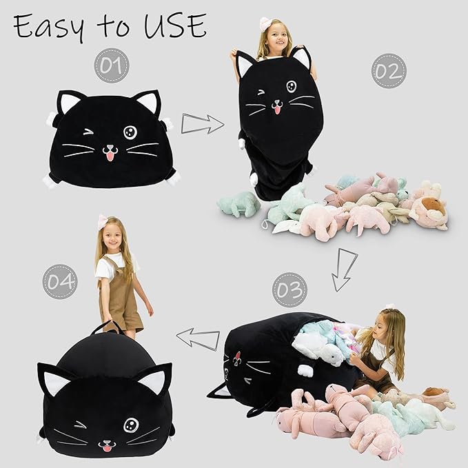 Black Cute Cat Toy Organizers Stuffed Animal Storage Bean Bag Chair for Boys and Girls, Home Game & Recreation Room Kids Furniture Beanbags - LeafyLoom