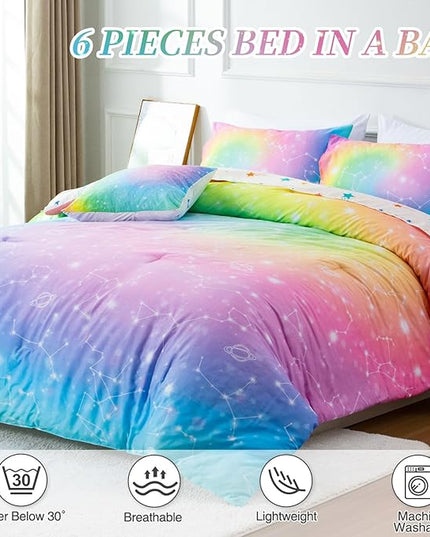 Btargot 6 Piece Tie Dye Constellation Comforter Set Bed in A Bag, Galaxy Rainbow Stars Pattern Bedding Set for Boys Girls Teen, Queen Multi - LeafyLoom