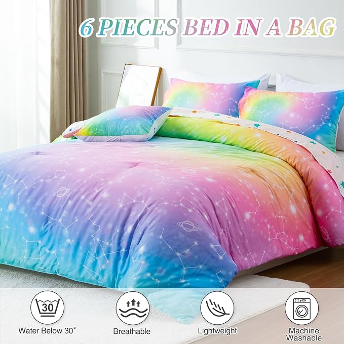 Btargot 6 Piece Tie Dye Constellation Comforter Set Bed in A Bag, Galaxy Rainbow Stars Pattern Bedding Set for Boys Girls Teen, Queen Multi - LeafyLoom