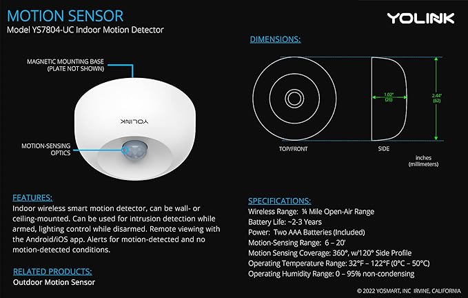 YoLink LoRa 1/4 Wireless Range Smart Motion Sensors, Indoor Motion Detector, Alexa, IFTTT, Home Assistant, Movement Detector App Alerts Remote Monitor, 2 Pack, YoLink Regular Hub Included YoLink