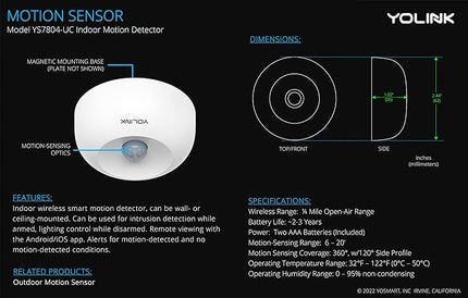 YoLink LoRa 1/4 Mile Wireless Range Smart Motion Detector, Indoor Motion Sensor, Motion Detector, Alexa, IFTTT, YoLink Hub Required YoLink