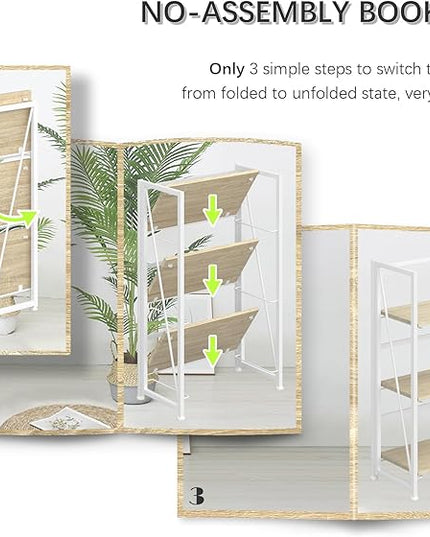 4NM No-Assembly Folding Bookshelf Storage Shelves 3 Tiers Vintage Bookcase Standing Racks Study Organizer Home Office (Natural and White) - LeafyLoom