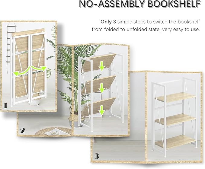 4NM No-Assembly Folding Bookshelf Storage Shelves 3 Tiers Vintage Bookcase Standing Racks Study Organizer Home Office (Natural and White) - LeafyLoom