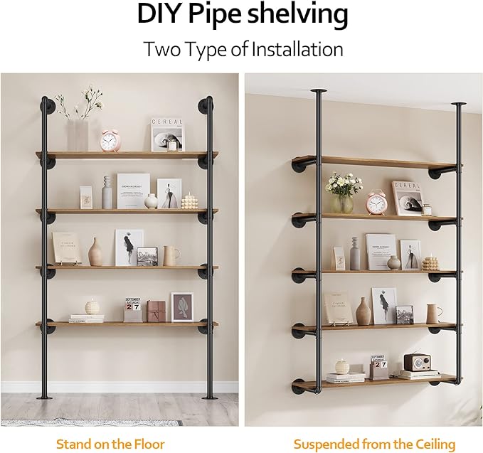 Pynsseu Industrial Iron Pipe Shelf Wall Mount, Farmhouse DIY Open Bookshelf, Pipe Shelves for Kitchen Bathroom, bookcases Living Room Storage, 2Pack of 5 Tier - LeafyLoom
