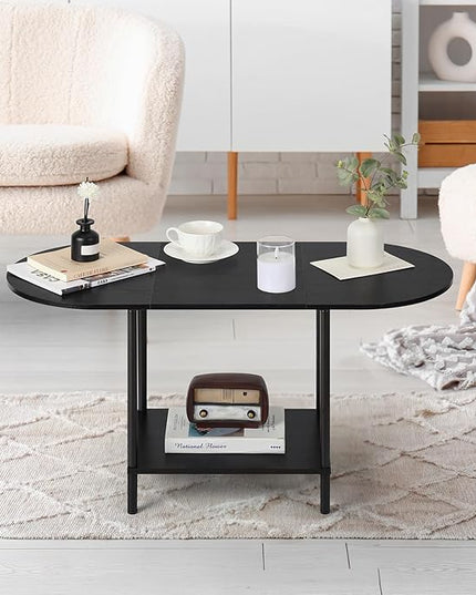 Coffee Tables for Living Room,2-Tier Small Coffee Table Industrial Modern Black Coffee Table with Storage Shelf and Wood Tabletop for Small Space,Home Office - LeafyLoom