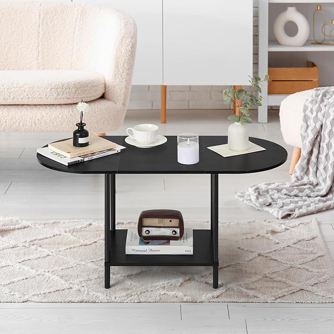 Coffee Tables for Living Room,2-Tier Small Coffee Table Industrial Modern Black Coffee Table with Storage Shelf and Wood Tabletop for Small Space,Home Office - LeafyLoom