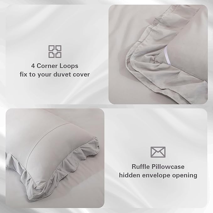 Gray Double Ruffle Comforter Set Full Size (79x90 Inch), 3 Pcs Grey Farmhouse Vintage Comforter Set (1 Ruffled Comforter and 2 Pillowcase), Rustic All Season Down Alternative Bedding Set - LeafyLoom