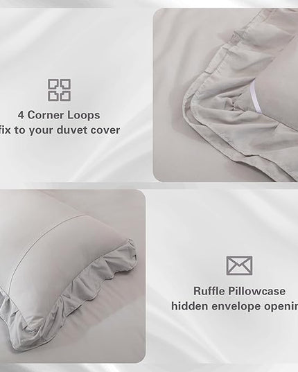 Gray Double Ruffle Comforter Set King Size (104x90 Inch), 3 Pcs Grey Farmhouse Vintage Comforter Set (1 Ruffled Comforter and 2 Pillowcase), Rustic All Season Down Alternative Bedding Set - LeafyLoom