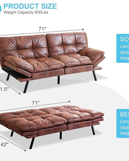 MUUEGM Futon Sofa Bed Couch - Convertible Sofa Bed, Loveseat Sleeper Sofa with Adjustable Backrest, Memory Foam Folding Futon for Living Room, Small Space, Apartment, PU Leather Brown - LeafyLoom