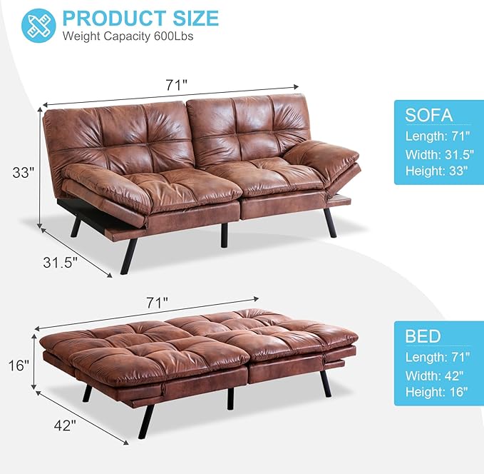 MUUEGM Futon Sofa Bed Couch - Convertible Sofa Bed, Loveseat Sleeper Sofa with Adjustable Backrest, Memory Foam Folding Futon for Living Room, Small Space, Apartment, PU Leather Brown - LeafyLoom