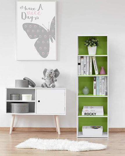 Furinno Luder Bookcase / Book / Storage , 5-Tier, White/Green - LeafyLoom