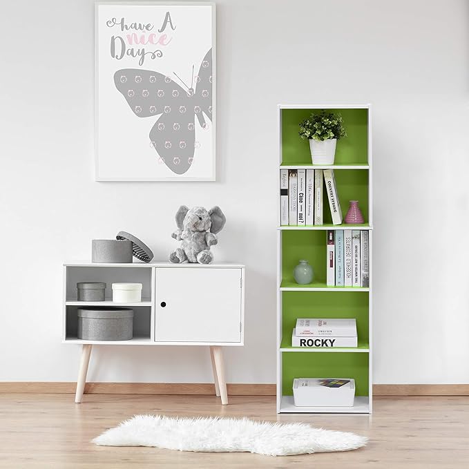 Furinno Luder Bookcase / Book / Storage , 5-Tier, White/Green - LeafyLoom