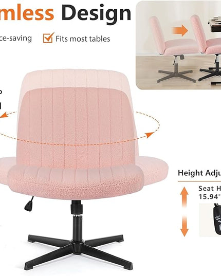 Sweetcrispy Office Chair No Wheels - Armless Desk Chair No Wheels Cross Legged Office Chair Wide Swivel Teddy Fabric Home Office Desk Chairs - LeafyLoom