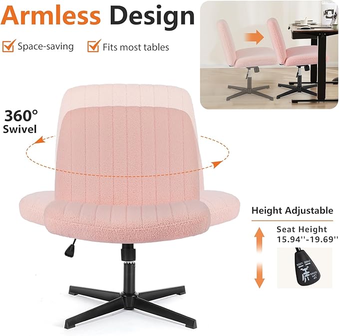 Sweetcrispy Office Chair No Wheels - Armless Desk Chair No Wheels Cross Legged Office Chair Wide Swivel Teddy Fabric Home Office Desk Chairs - LeafyLoom