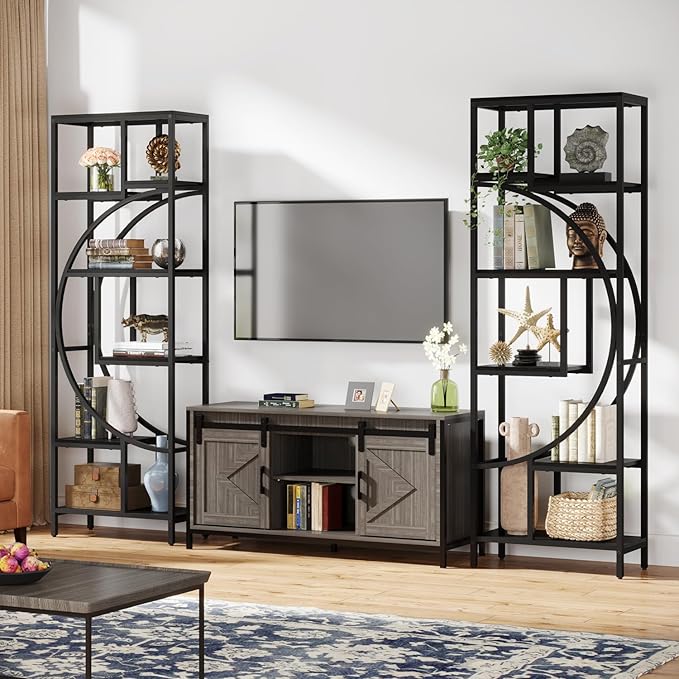 Bookshelf, 70.9” Wood Bookcases Open Shelves with Metal Frame, 7 Tier Tall Book Shelf, Freestanding Display Rack Storage Shelving Unit for Bedroom, Living Room, Easy Assembly (Black) - LeafyLoom