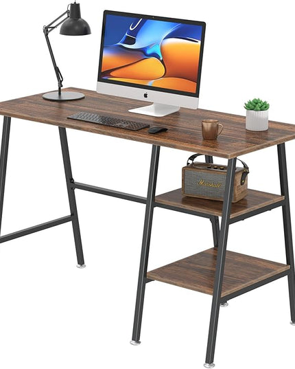 VECELO 43 Inch Computer Desk Writing Study Work Office Table Modern desk with shelves wooden desk for Home Bedroom,Walnut Desk - LeafyLoom