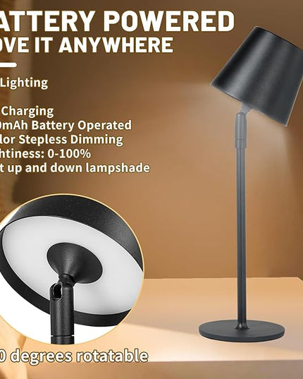 Cordless Table Lamp,Portable LED Desk Lamp, Battery Operated, 3 Color Stepless Dimming Up, for Restaurant/Bedroom/Bars/Outdoor Party/Camping/Coffee Shop Night Light。 (Black) - LeafyLoom