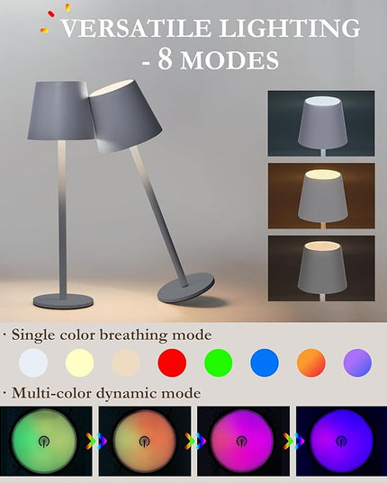 2-Pack RGB Cordless Table Lamp, RGB 8 Modes & Touch Control Rechargeable Battery Desk Lamp, IP54 Waterproof outdoor table lamp for Bedroom/Outdoor/Restaurant/Camping/Bars (Grey) - LeafyLoom
