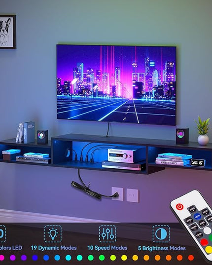 FABATO 71'' Floating TV Stand with LED Light Power Outlet, Floating Shelf for Under TV Wall Mount with Storage Shelf, Media Console Entertainment Center for Living Room, Black - LeafyLoom