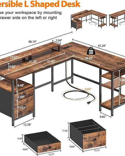 Furologee 66” L Shaped Desk with Power Outlet, Reversible Computer Desk with File Drawer & 2 Monitor Stands, Home Office Desk with Storage Shelves, Corner Desk for Gaming Writing, Rustic Brown - LeafyLoom