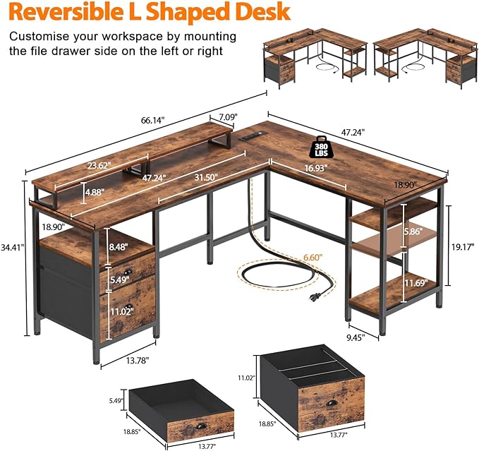 Furologee 66” L Shaped Desk with Power Outlet, Reversible Computer Desk with File Drawer & 2 Monitor Stands, Home Office Desk with Storage Shelves, Corner Desk for Gaming Writing, Rustic Brown - LeafyLoom