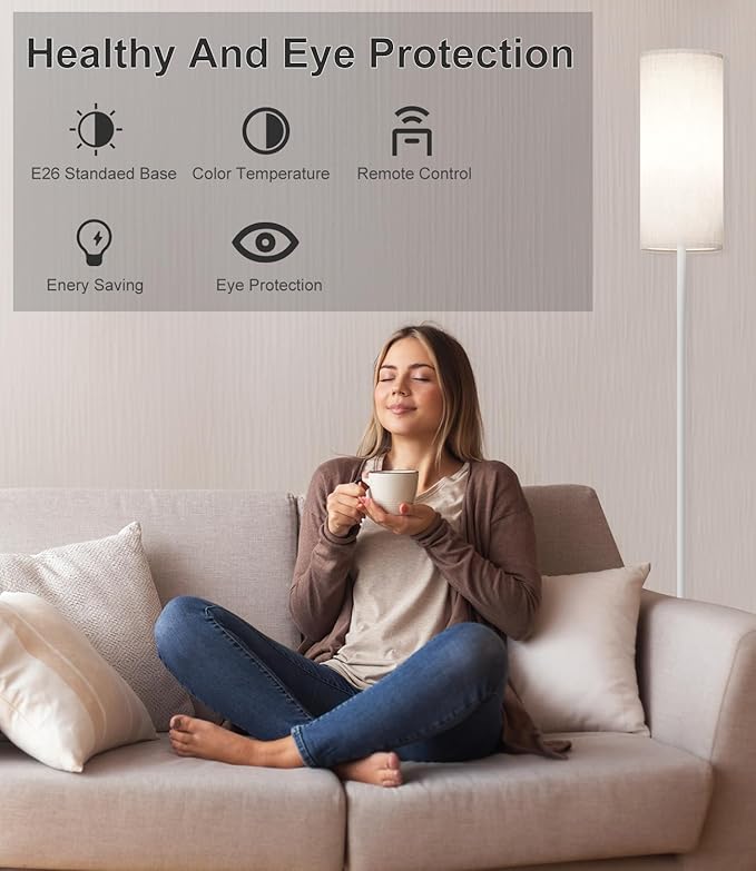 LED Floor Lamp for Living Room, Dimmable Standing Lamps with Foot Switch,Remote Custom Color Temperature White Pole Lamp with Lampshade,12W Led Bulb Tall Lamps for Bedroom Office Kid Room - LeafyLoom