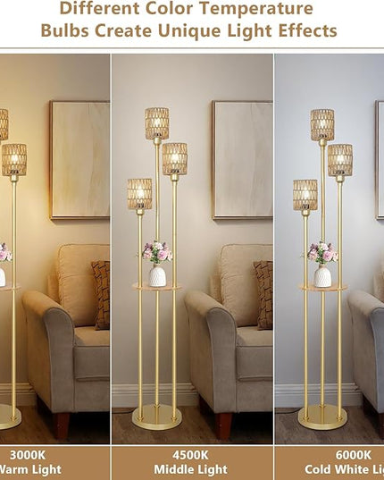 Boho Floor Lamp with Shelves, 3-Lights Farmhouse Tall Floor Lamp with ON/OFF Foot Switch, Gold Modern Floor Lamps with Rattan Shades, Rustic Standing Lamp for Living Room, Bedroom, Office - LeafyLoom