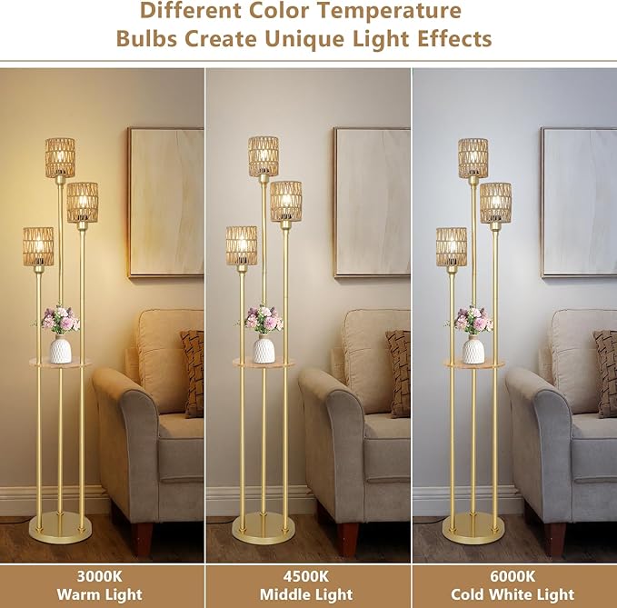 Boho Floor Lamp with Shelves, 3-Lights Farmhouse Tall Floor Lamp with ON/OFF Foot Switch, Gold Modern Floor Lamps with Rattan Shades, Rustic Standing Lamp for Living Room, Bedroom, Office - LeafyLoom